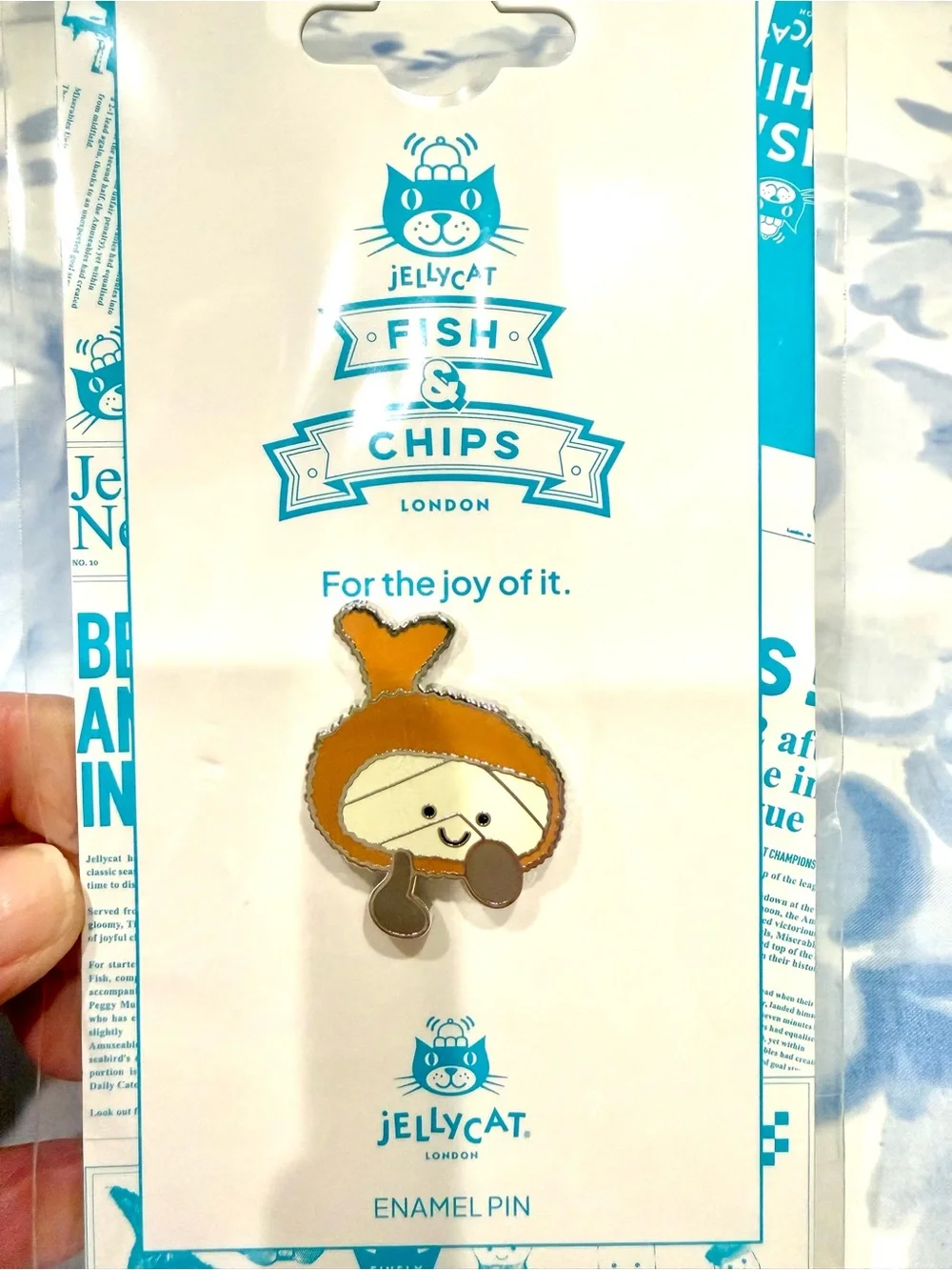Jellycat Fish & Chips London Brown Enamel Pin - Cute Fish Design